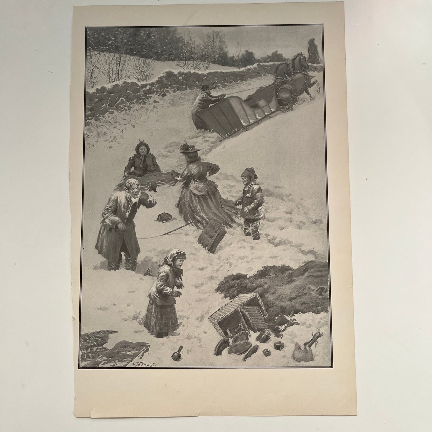A Bad Spill - Winter Sleigh Scene - Original 1904 A.B. Frost Art Print V26-4