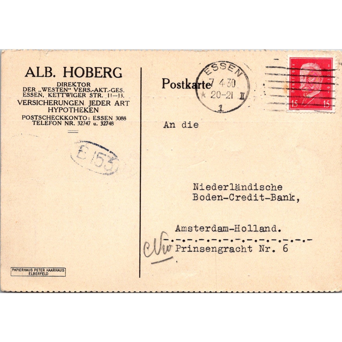 Alb. Hoberg Essen to Amsterdam-Holland 1930 German Reich Postcard TE2-GRP