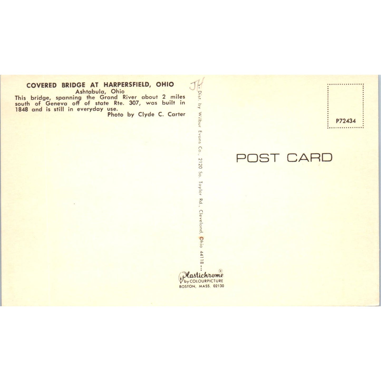 Grand River Bridge Harpersfield Ashtabula OH Covered Bridge Postcard PB10