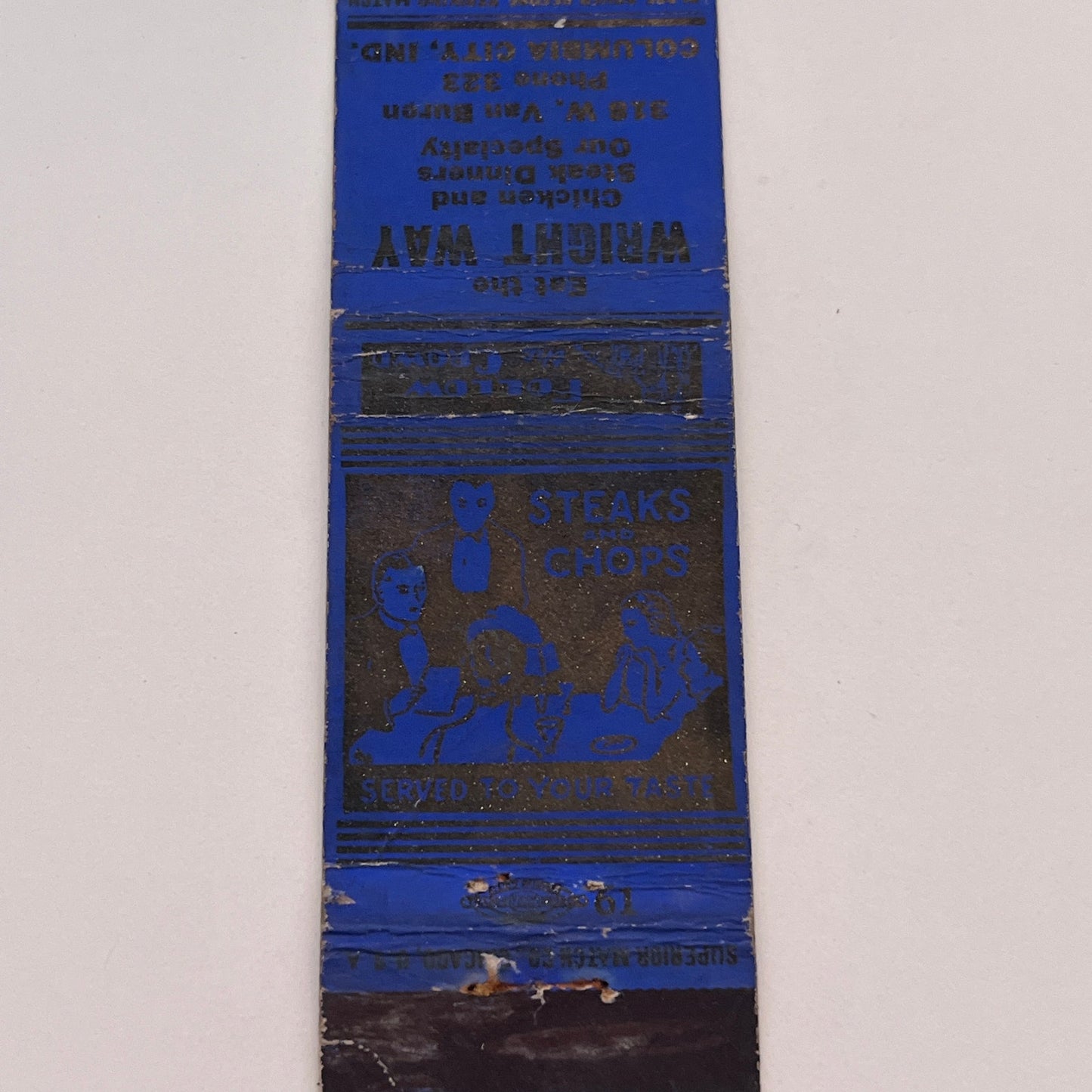 Wright Way Chicken Dinners Columbia City IN Vintage Matchbook Cover TB6-MB2-3