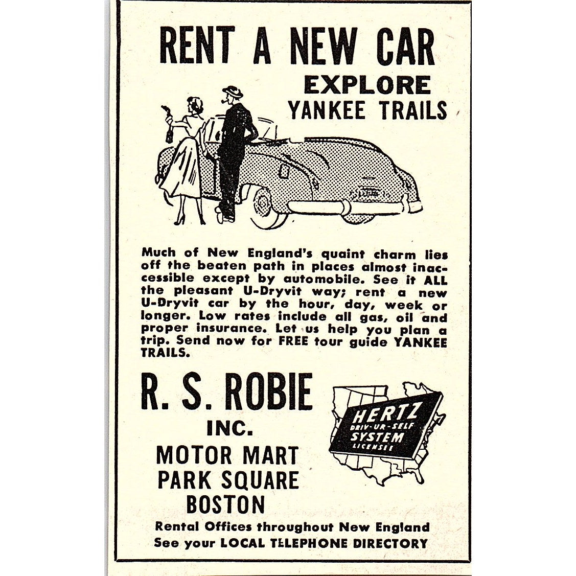 R.S. Robie Inc. Rent a New Car Boston MA 1952 Yankee Magazine Ad SAG5-M2