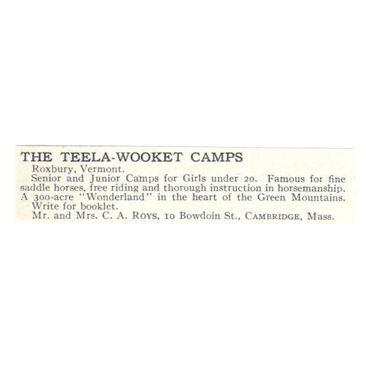 The Teela-Wooket Camps C.A. Roys Cambridge MA 1924 Magazine Ad AD8-O9
