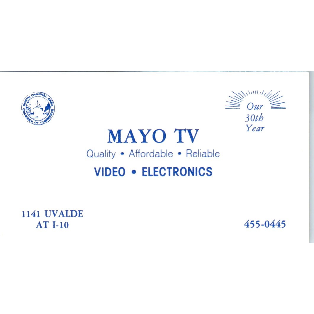 Mayo TV Video Electronics Houston TX Vintage Business Card SD8-B4