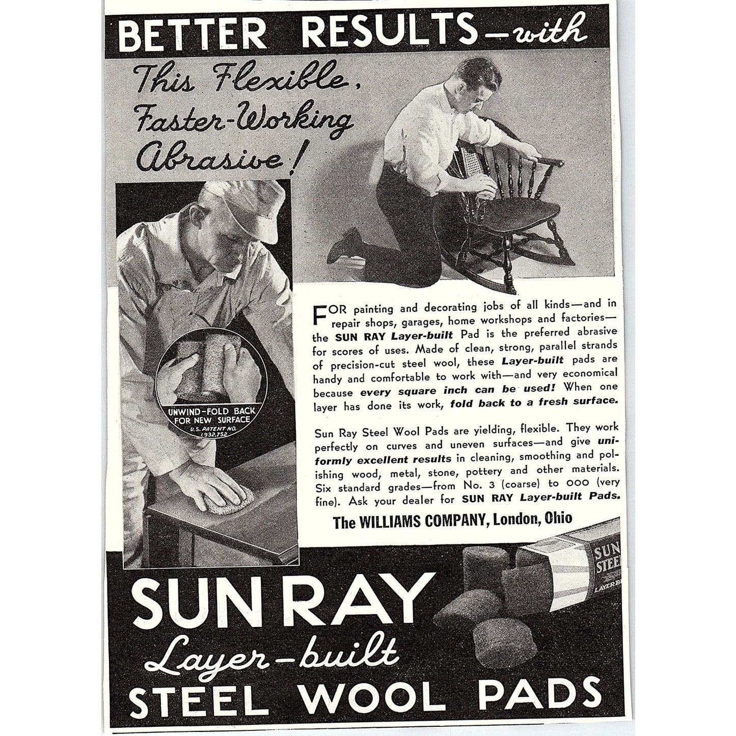 Sun Ray Williams Company Layer-built Steel Wool Pads London OH 1937 Ad SAG4-3