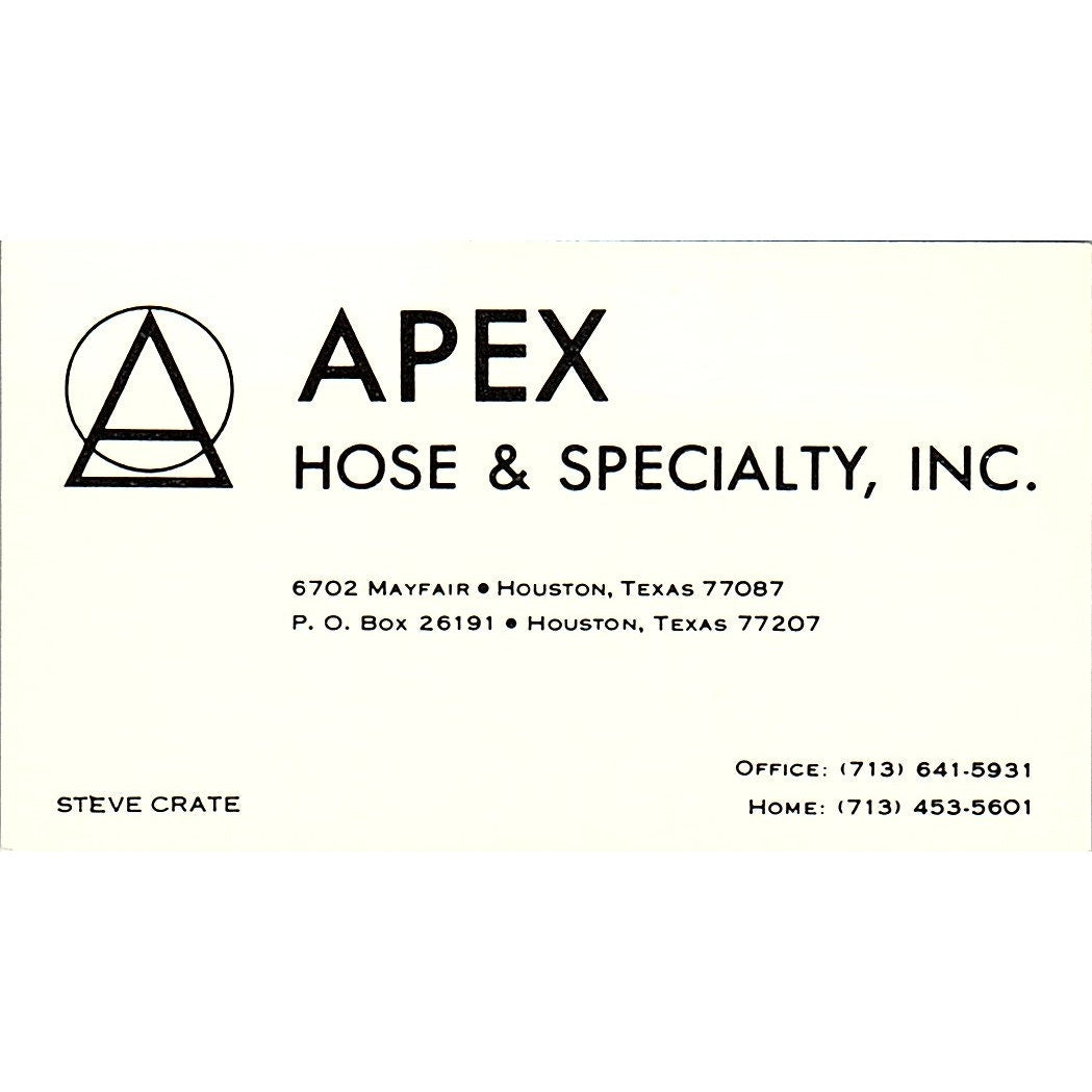 Apex Hose & Specialty Steve Crate Houston Texas Vintage Business Card SB4-B4