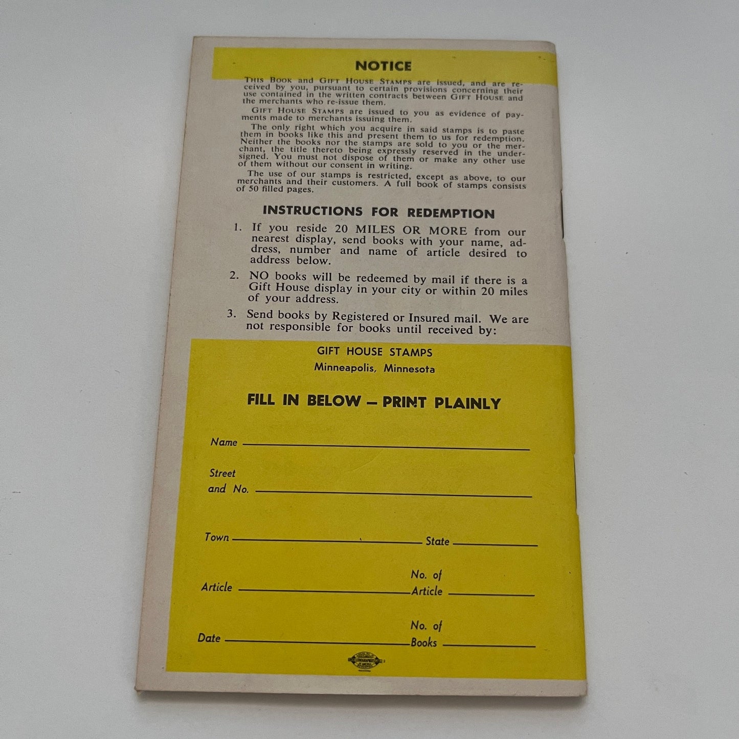 Vintage Gift House Stamps Minneapolis MN Empty Booklet TK2-XB5