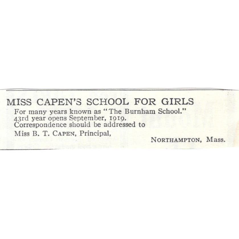 B.T. Capen's School For Girls Northampton c1918 Original Advertisement AE5-SA8