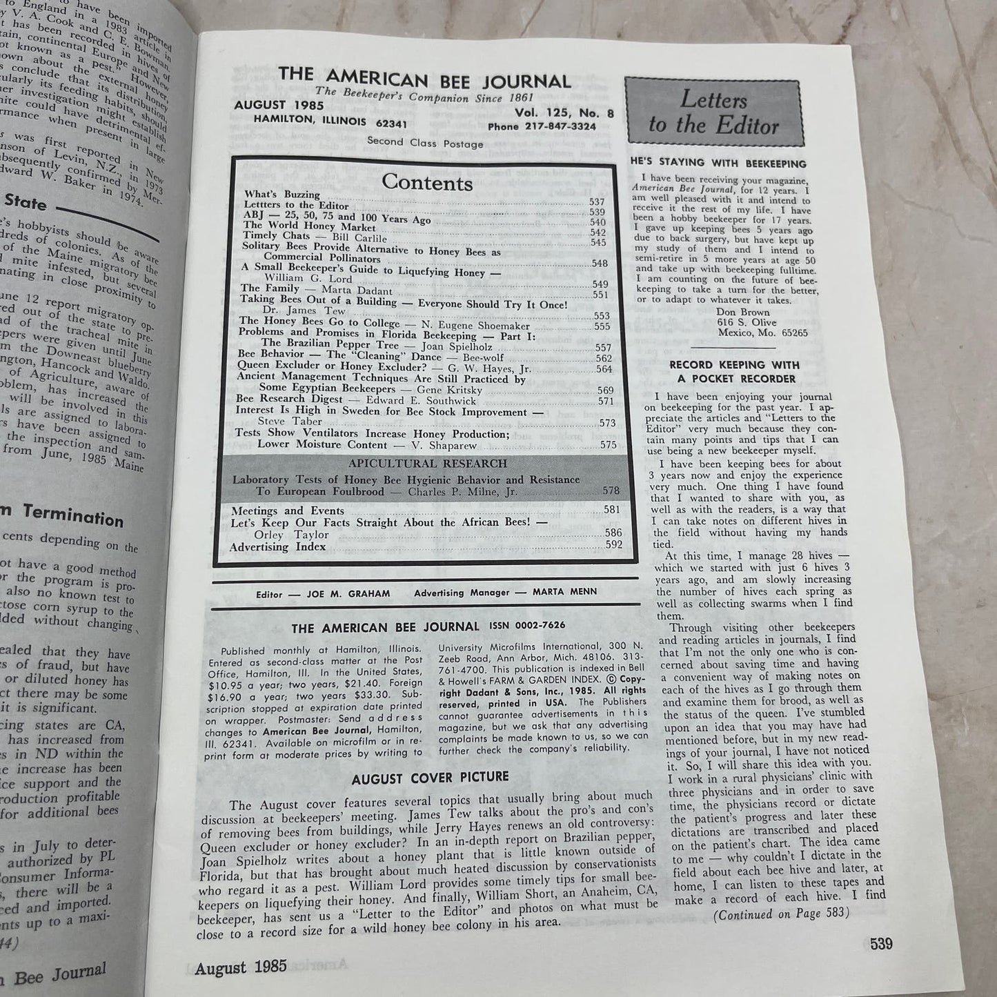1985 August American Bee Journal Magazine Bees Beekeeping Honey M8-1