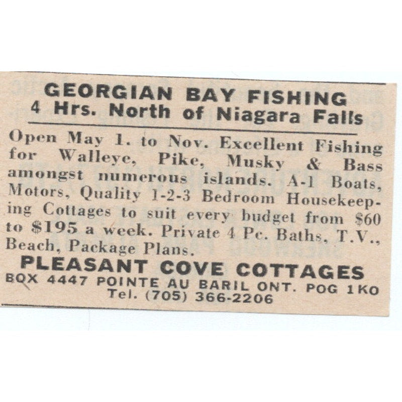 Georgian Bay Fishing Pleasant Cove Cottages Pointe Au Baril Ont 1977 Ad AF6-M4