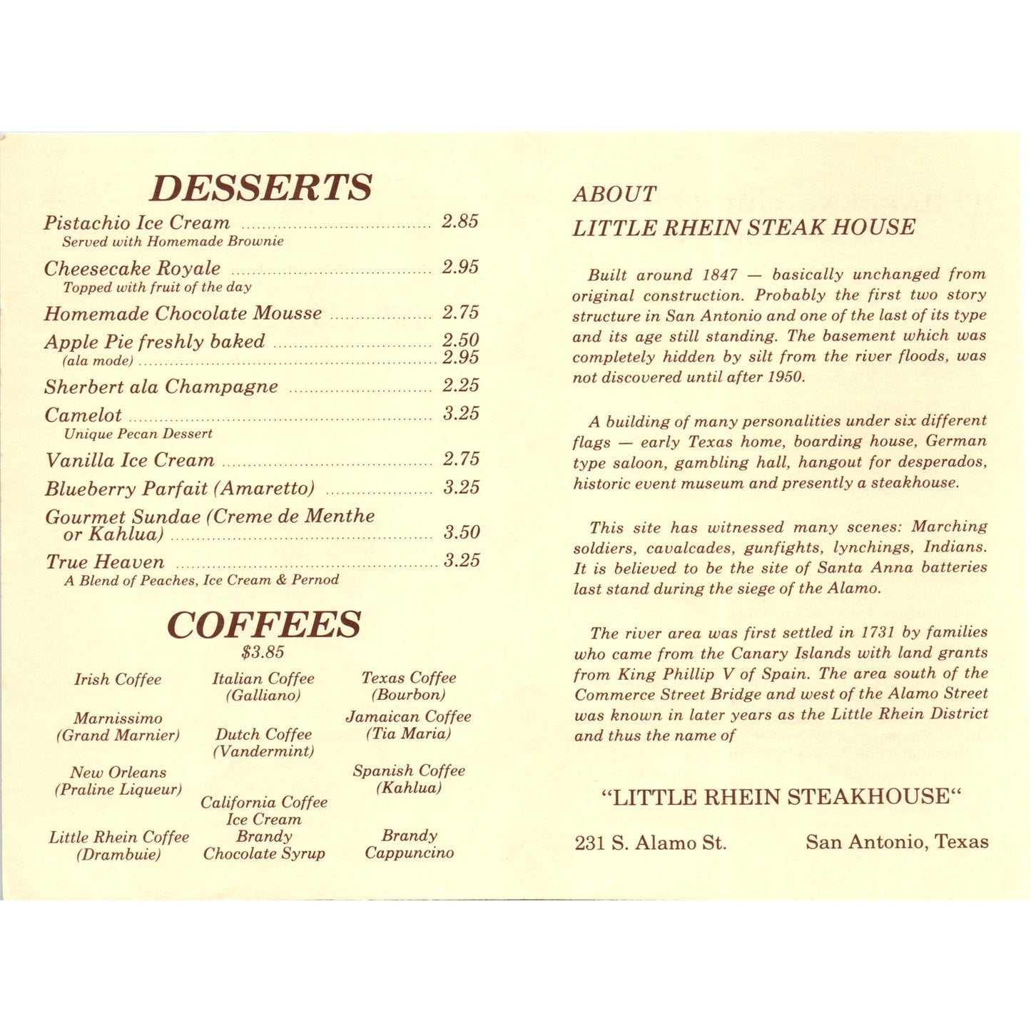 1970s Sweet 'N Treats at Little Rhein Souvenir Menu San Antonio Texas TF4-BC