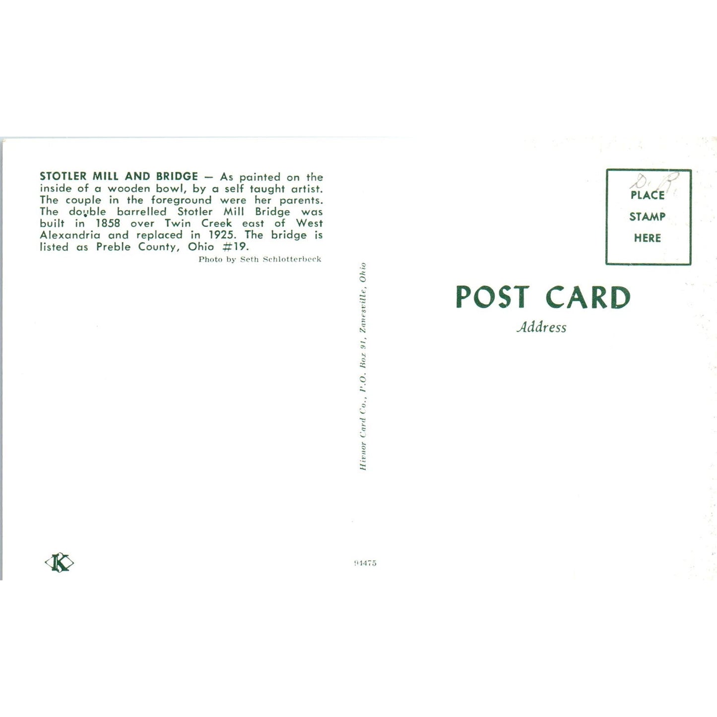 Stotler Mill and Bridge Preble County Ohio Covered Bridge Postcard PB10