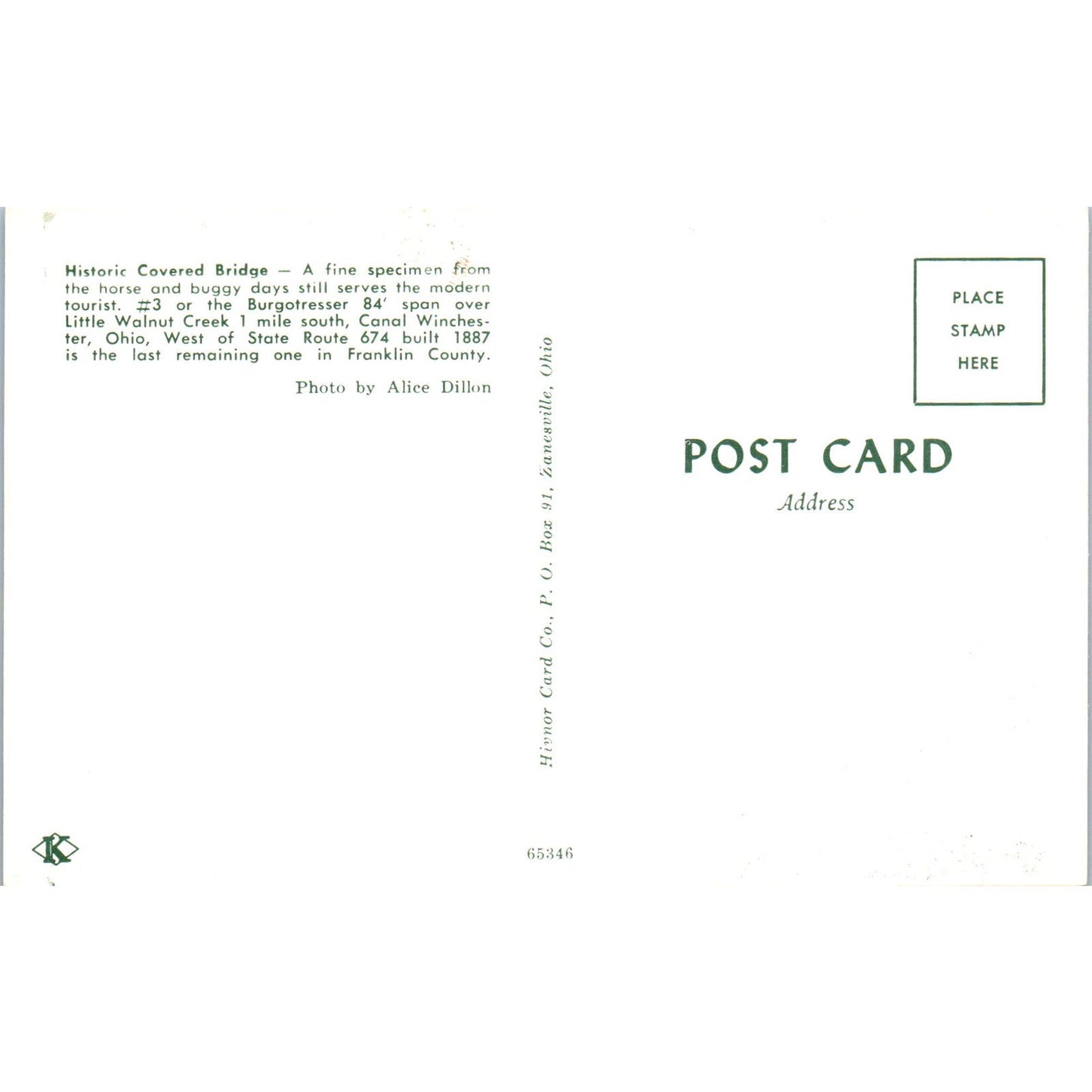 Burgotresser #3 Little Walnut Creek Canal Winchester Covered Bridge Postcard PC1