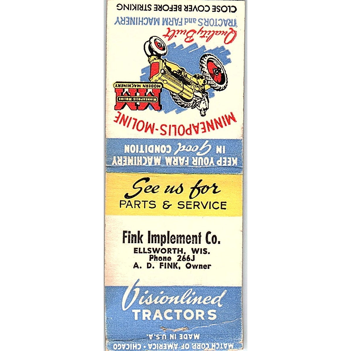 Fink Implement Co A.D. Fink Ellsworth WI Vintage Matchbook Cover SC7-Y7