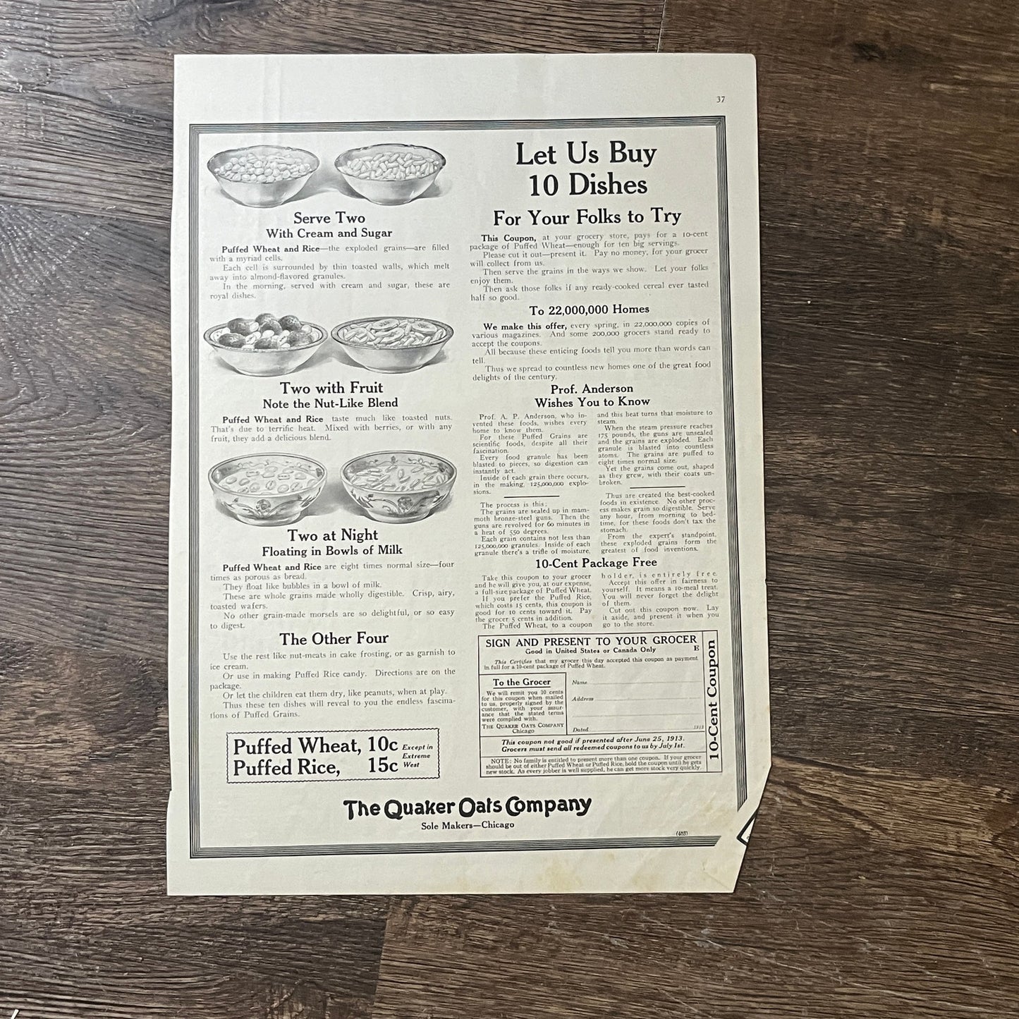 1913 The Quaker Oats Company Puffed Wheat Rice Vintage Magazine Ad 10x13 V8