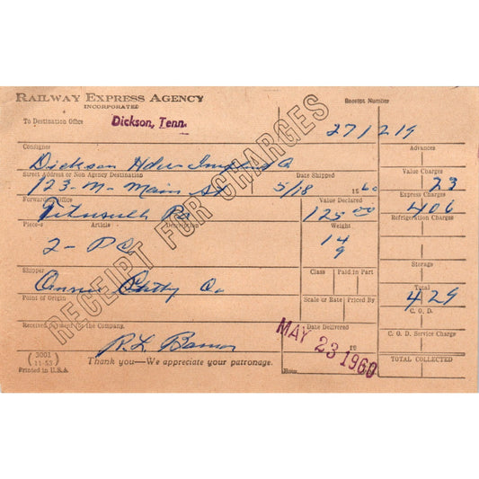 1960 Railway Express Agency Receipt to Dickson Tennessee Letterhead Receipt D18