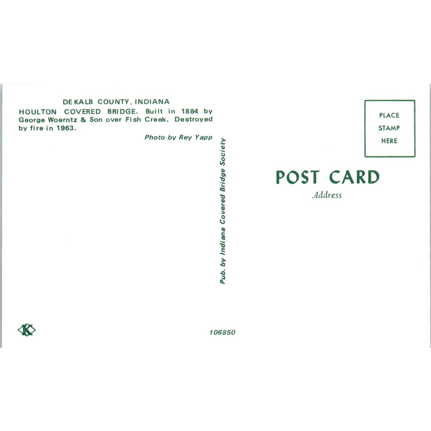 Dekalb County Indiana Houlton Covered Bridge Postcard PB10