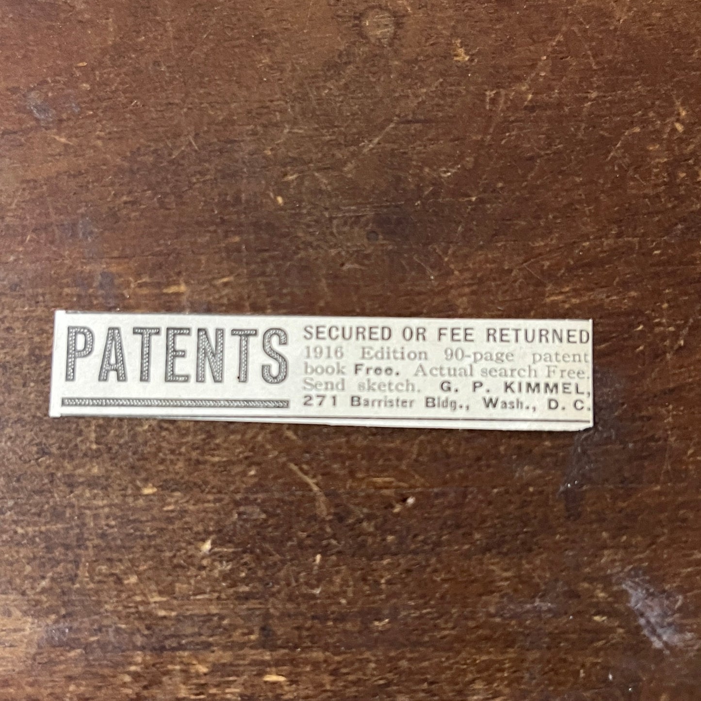 G.P. Kimmel Patent Lawyer Washington DC 1/2x2 c1915 Ad AF6-S8