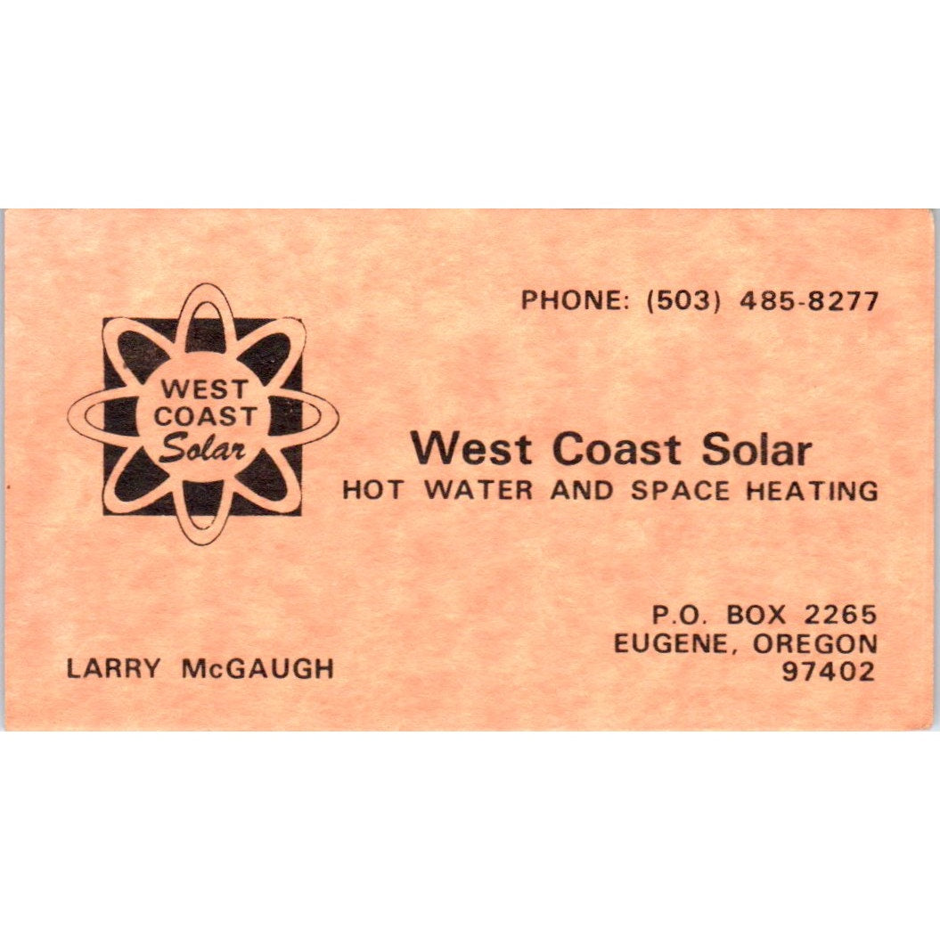 West Coast Solar Hot Water Heating Larry McGaugh Eugene OR Business Card SD4-B1