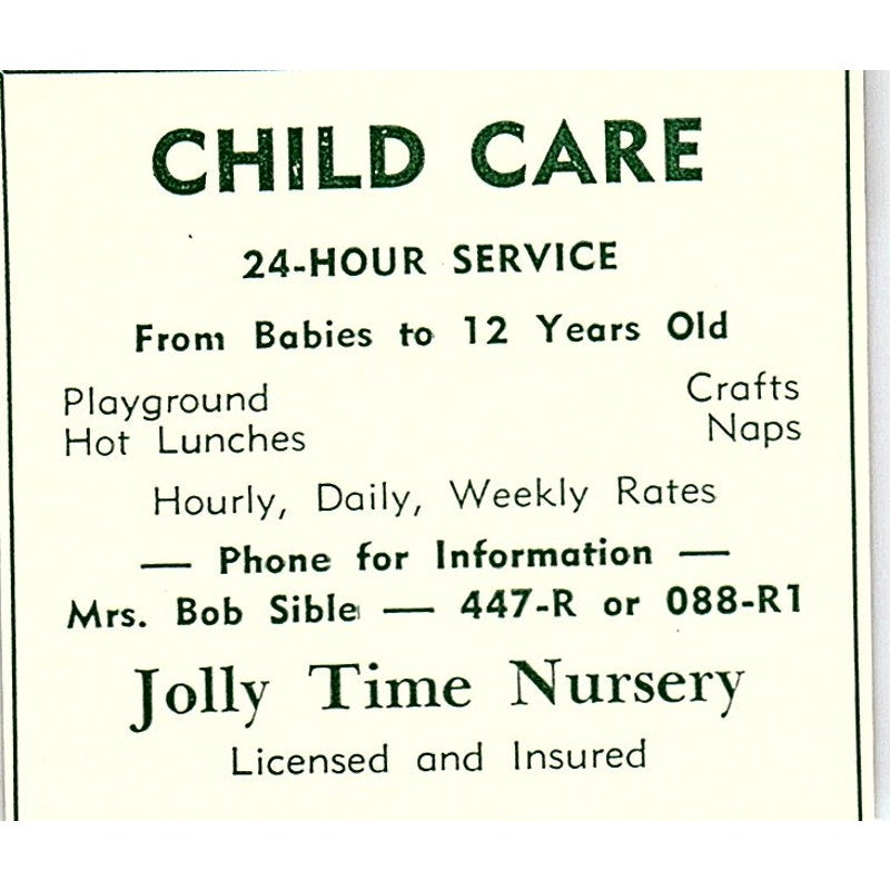 Jolly Time Nursery Mrs. Bob Sible 1957 Estes Park CO Ad AG4-S10