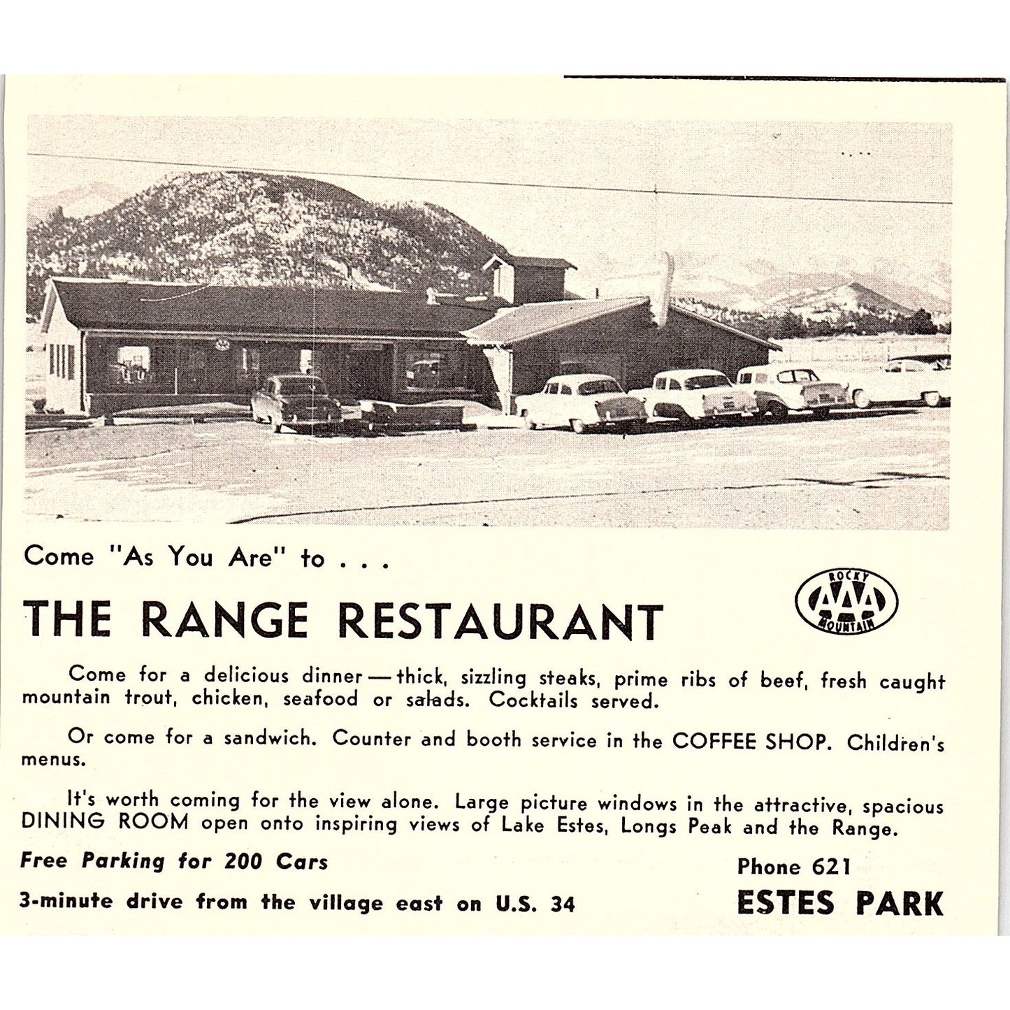 The Range Restaurant, Estes Park Aerial Tramway Estes Park CO 1958 Ad AG1-H1