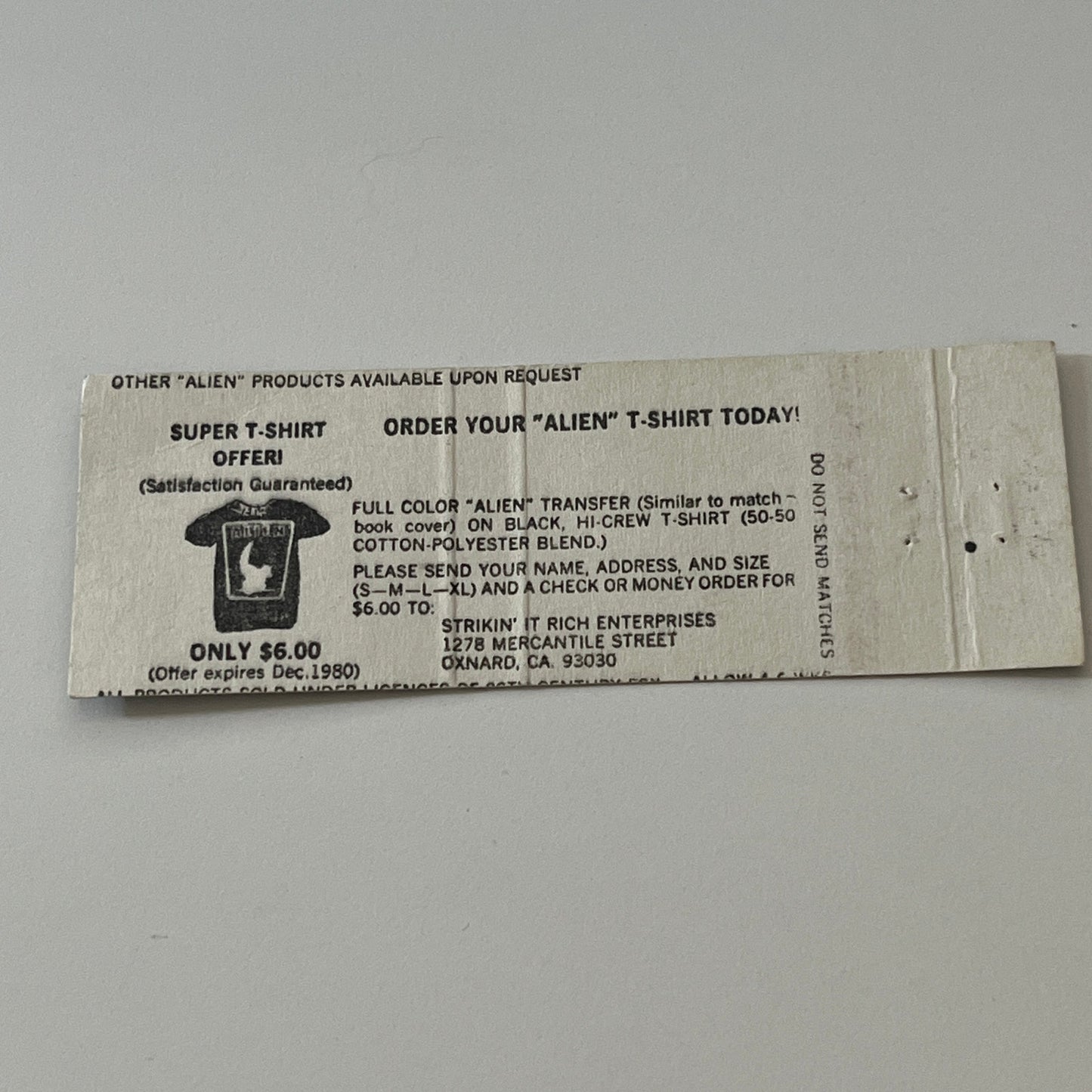 Alien The Motion Picture Souvenir Vintage Matchbook Cover TB6-MB2-6