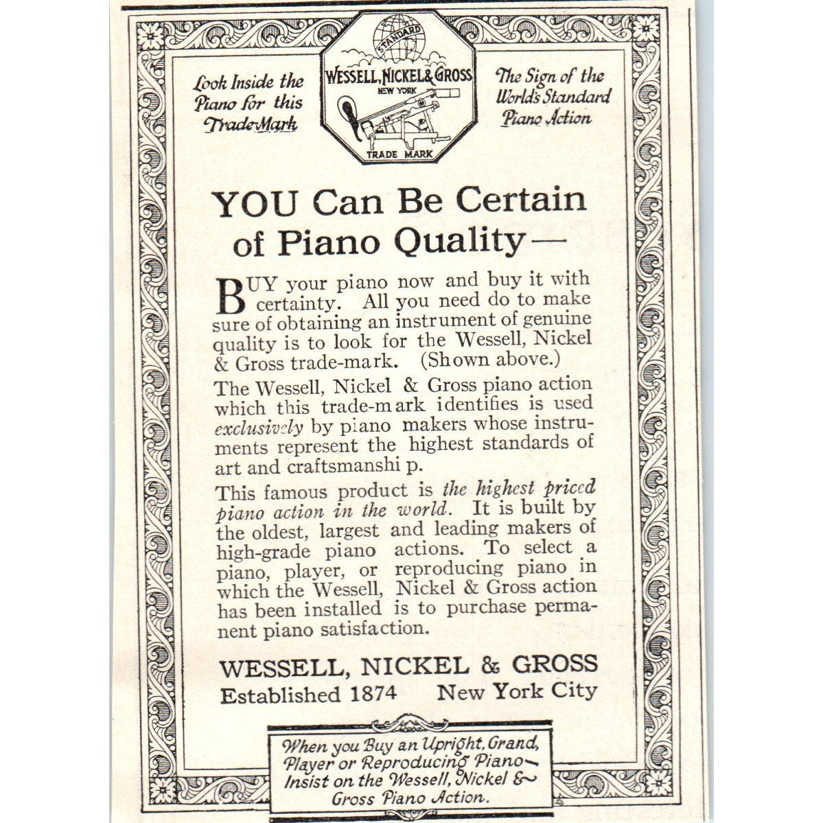Wessell, Nickel & Gross Pianos 1924 Magazine Ad AF2-A1