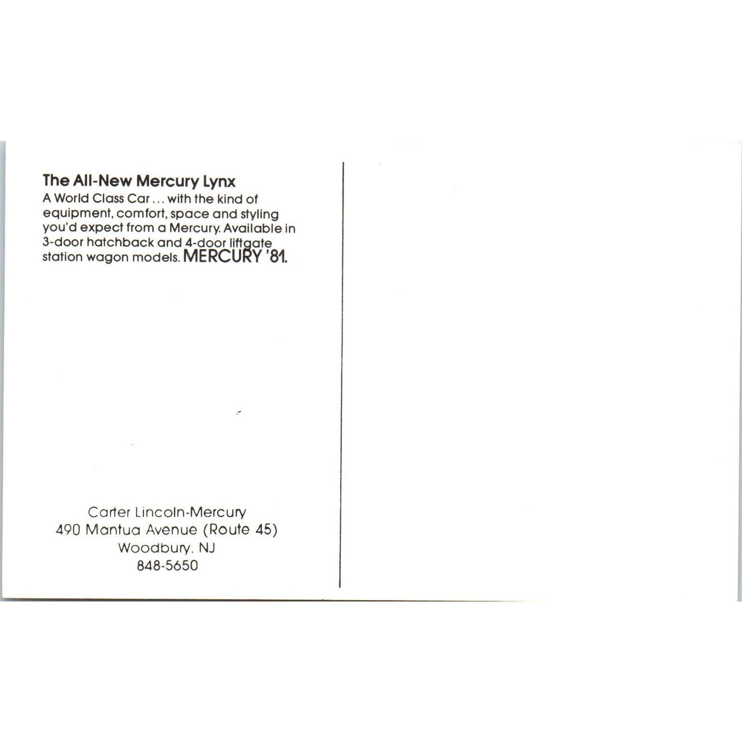 1981 Mercury Lynx Carter Lincoln-Mercury Woodbury NJ Vintage Postcard PC12