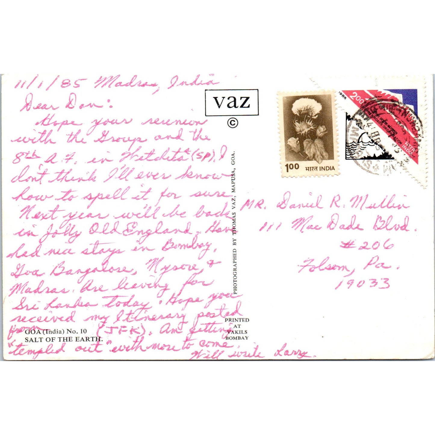 1985 Goa India Men Harvesting Salt Vintage Postcard PD8