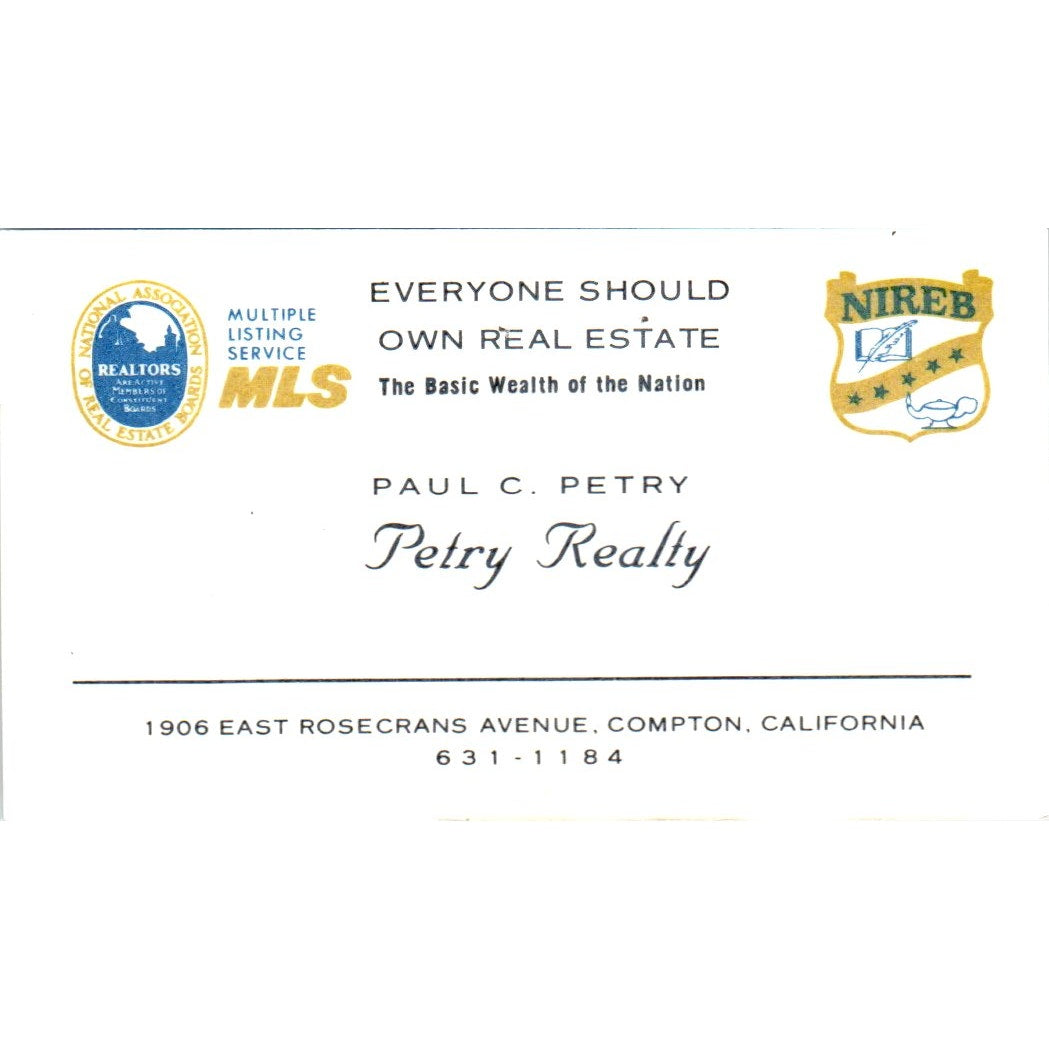 Paul C. Petry Realty Compton CA Vintage Business Card SD8-B1