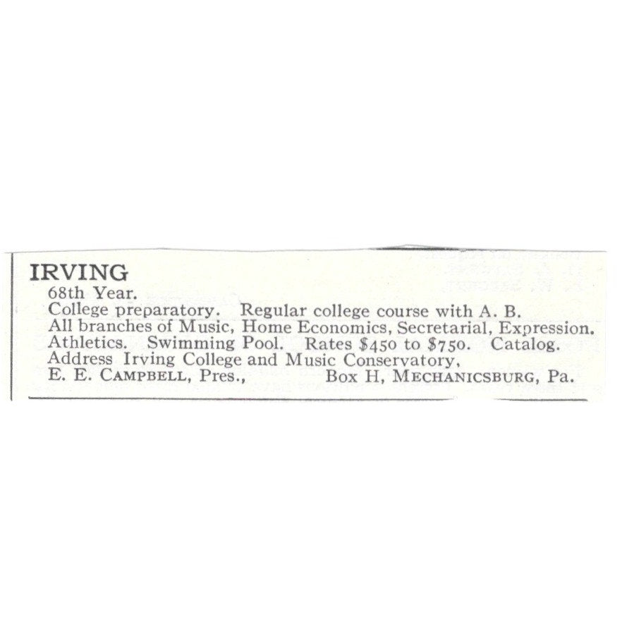 Irving College And Music Conservatory Mechanicsburg PA Campbell c1920 Ad AG4-S1
