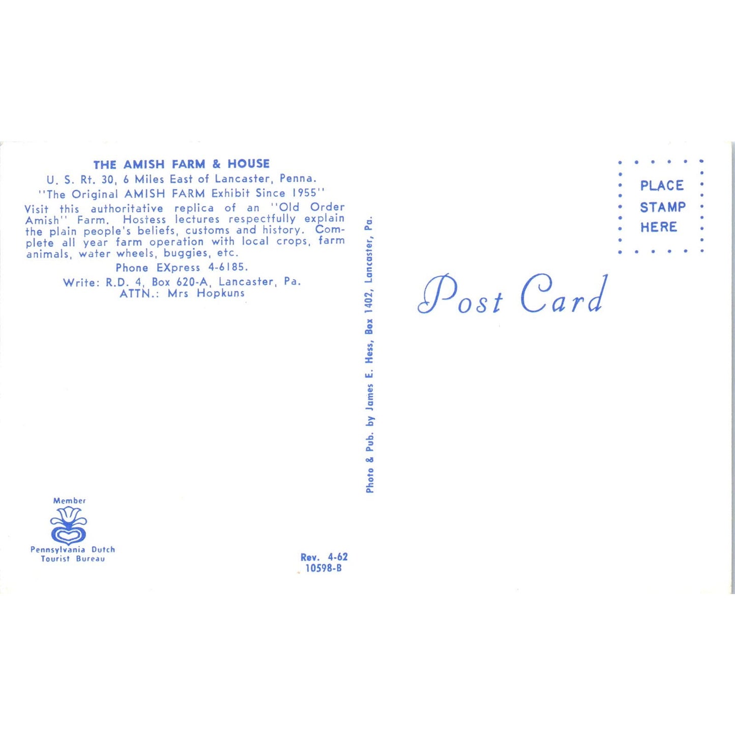 The Amish Farm & House Lancaster PA Mrs. Hopkins Vintage Postcard PD4