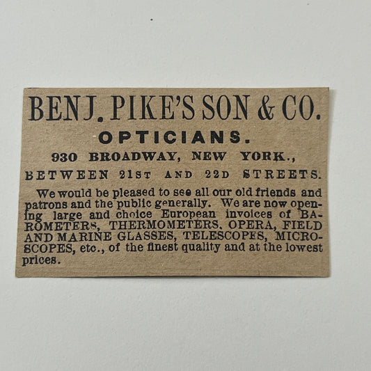 Benj. Pike's Son & Co Opticians 930 Broadway NY 1878 Ad AG2-M15