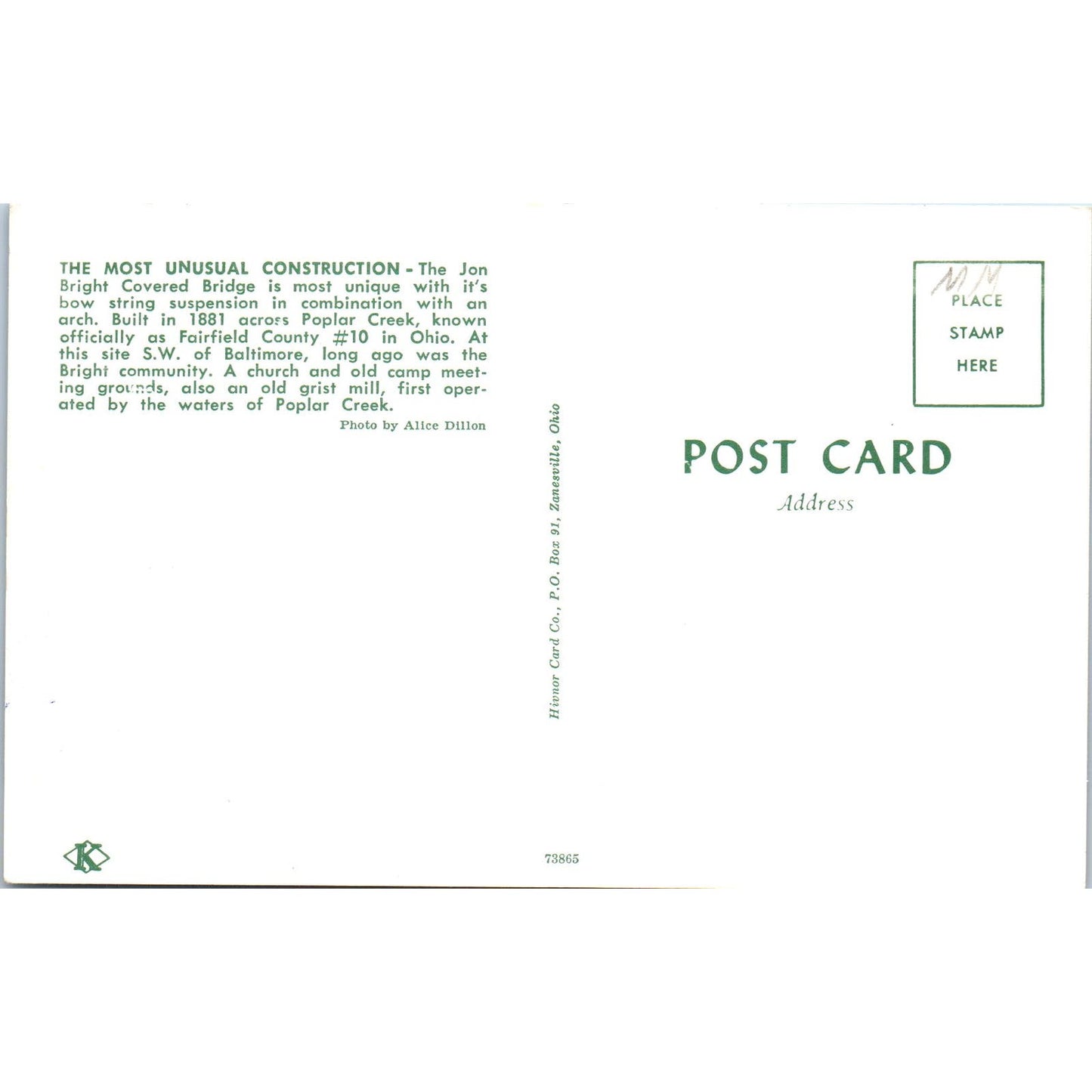 Fairfield County #10 Ohio Poplar Creek Jon Bright Covered Bridge Postcard PC6