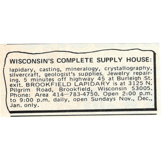 Brookfield Lapidary Supply Brookfield Wisconsin 1971 Magazine Ad AD8-O2