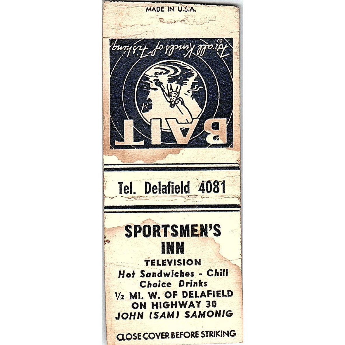 Sportsmen's Inn John Sam Samonig Delafield Vintage Matchbook Cover SC7-Y5