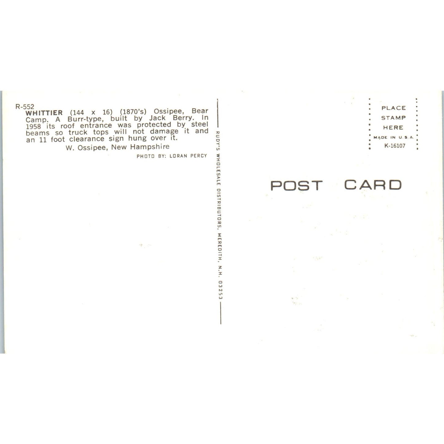 Ossipee Bear Camp Whittier Bridge W. Ossipee NH Covered Bridge Postcard PC5