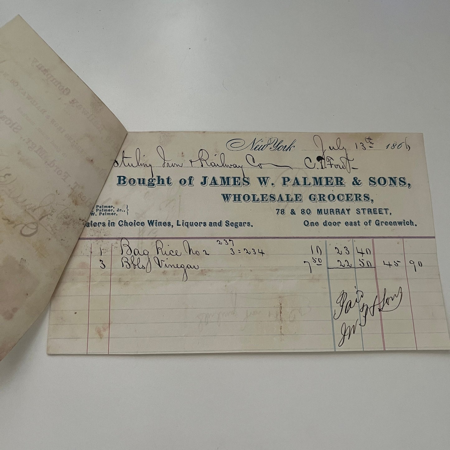 James W. Palmer & Sons Grocers New York 1866 Billhead & Erie Ry Waybill C15
