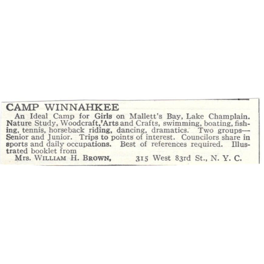 Camp Winnahkee Mallett's Bay Lake Champlain WIlliam H. Brown c1918 Ad AE5-SA11