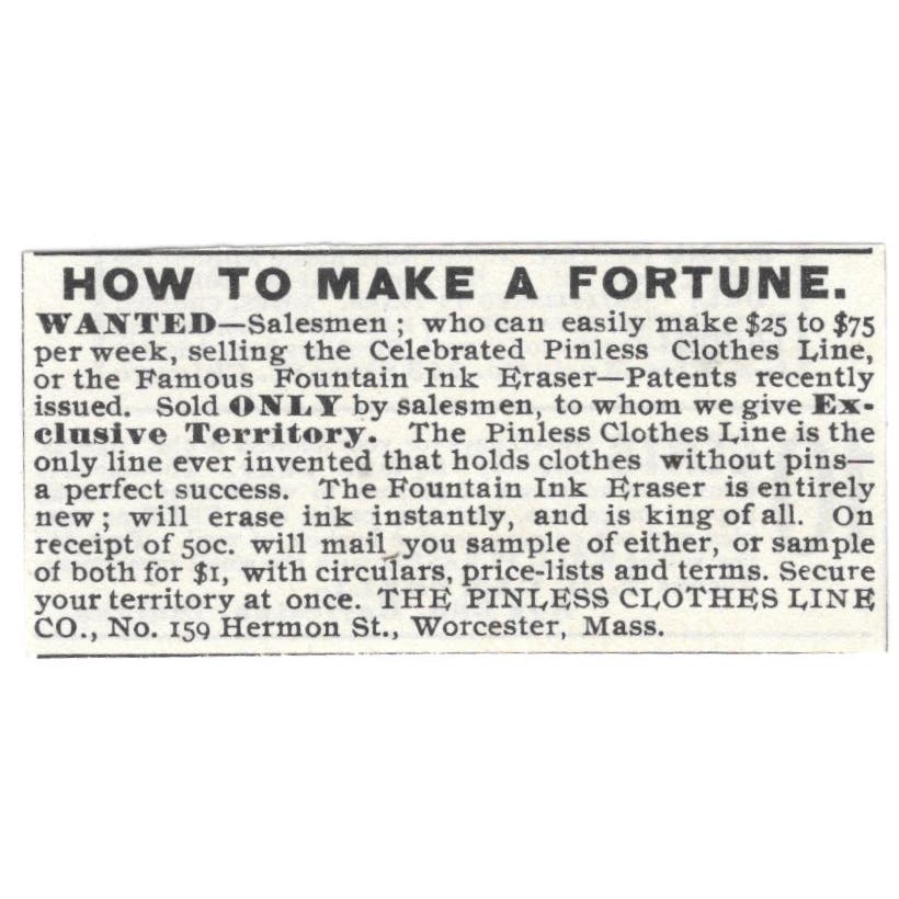 The Pinless Clothesline Salesmen Wanted Worcester MA c1890 Victorian Ad AE9-CH1