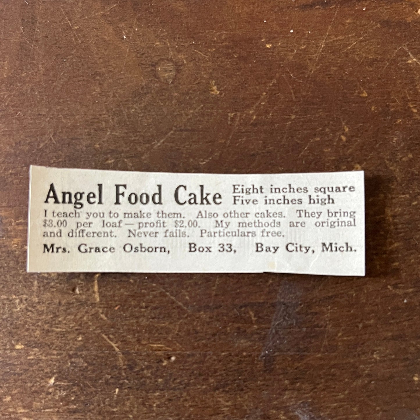Angel Food Cake Mrs Grace Osborn Bay City Michigan 1/2x2 c1915 Ad AF6-S8