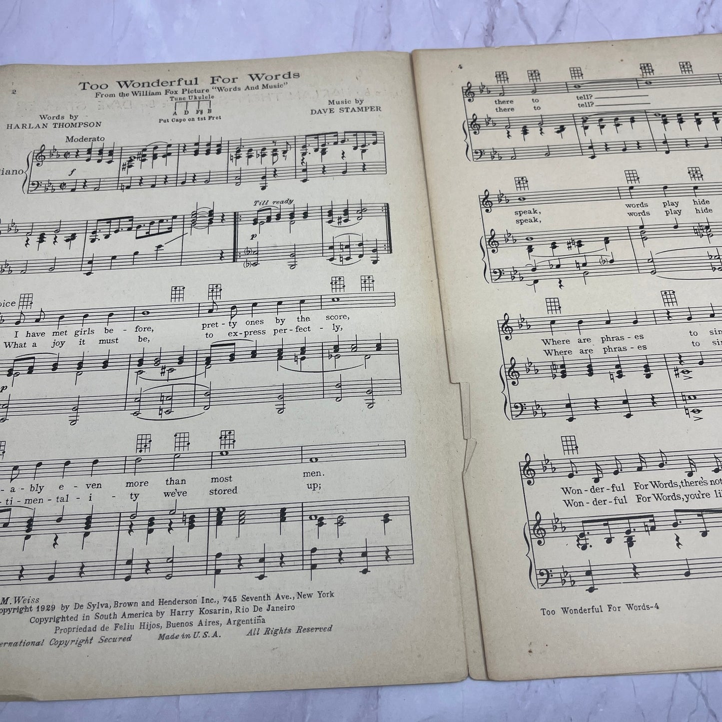 1929 Too Wonderful for Words Words and Music Harlan Thompson Sheet Music V14-1
