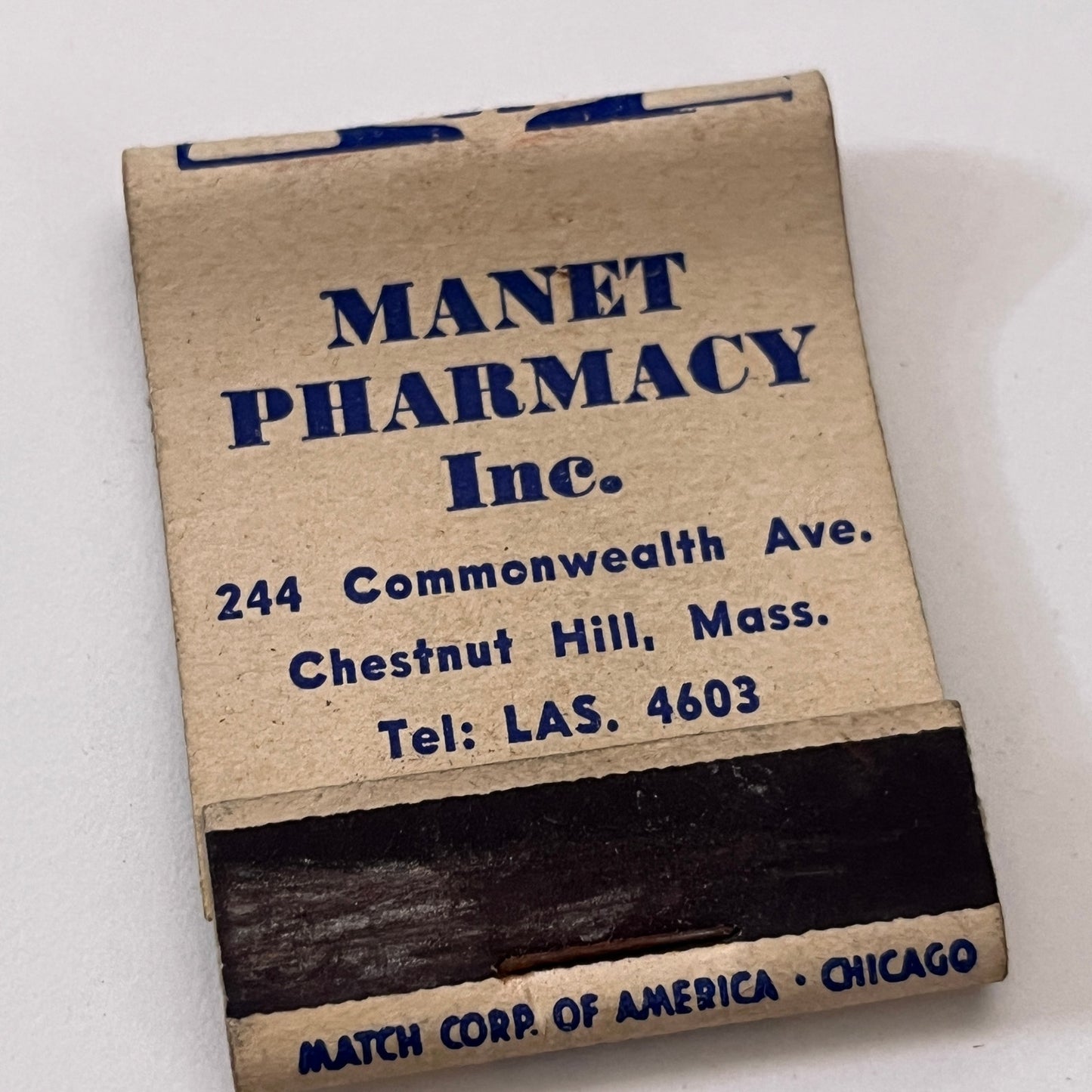 Lake St Pharmacy, Manet Pharmacy Chestnut Hill Vintage Matchbook Cover TB6-MB1-6