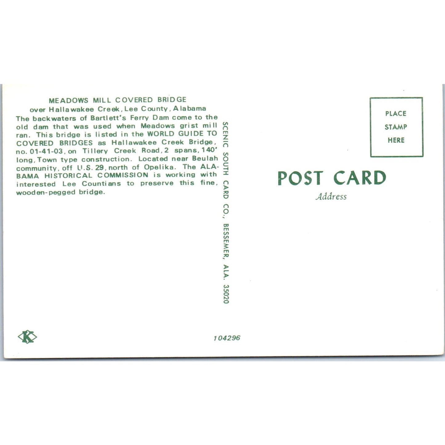 Meadows Mill Bridge Halawakee Creek Lee County AL Covered Bridge Postcard PB13