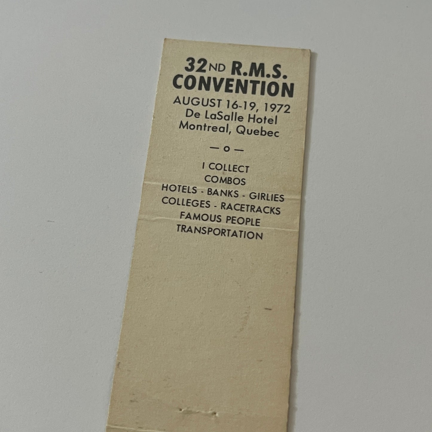 Charles L Wolf Matchcover Collectors 1972 RMS Convention Matchbook TB6-MB2-5
