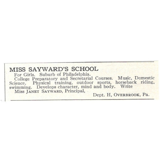 Miss Janet Sayward's School for Girls Overbrook PA 1924 Magazine Ad AD8-O7