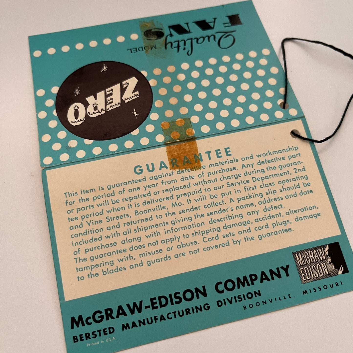 Zero Quality Model Fans McGraw-Edison Co Boonville MO Showroom Hang Tag AG5-M4