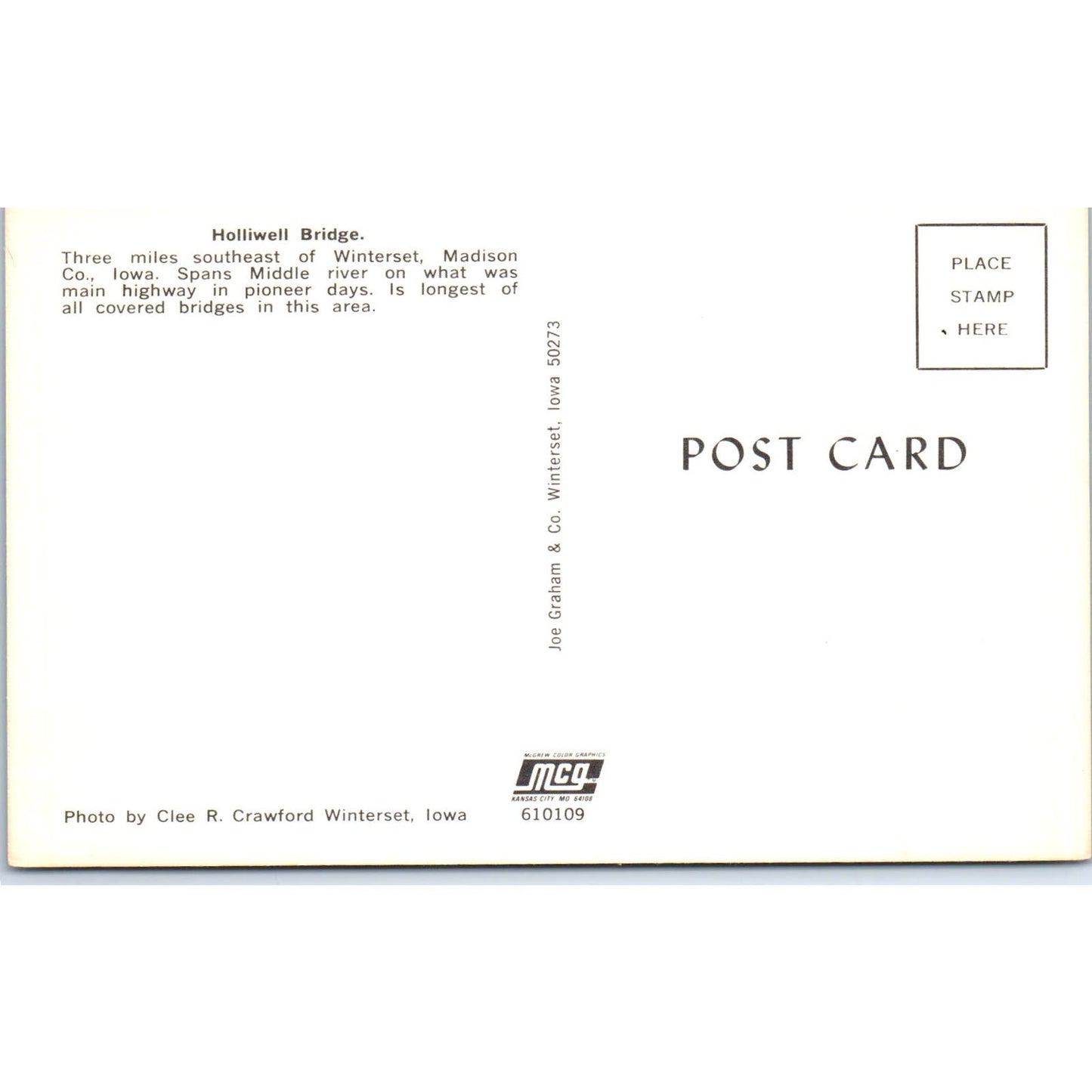 Holliwell Bridge Winterset Iowa Vintage Covered Bridge Postcard PC16