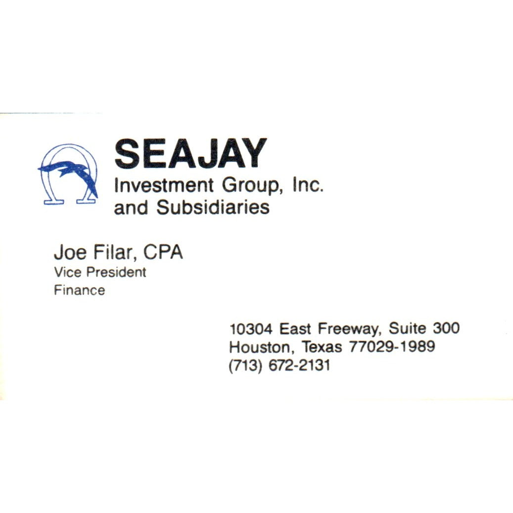 Joe Filar Seajay Investment Group Houston TX Vintage Business Card SD8-B4