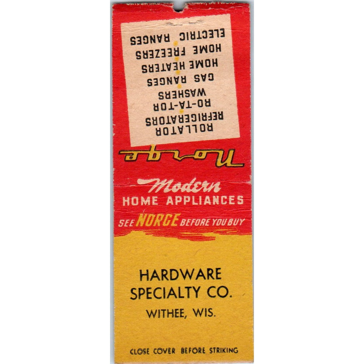 Modern Home Appliances Hardware Specialty Co Withee WI Vintage Matchbook SD2-Y1
