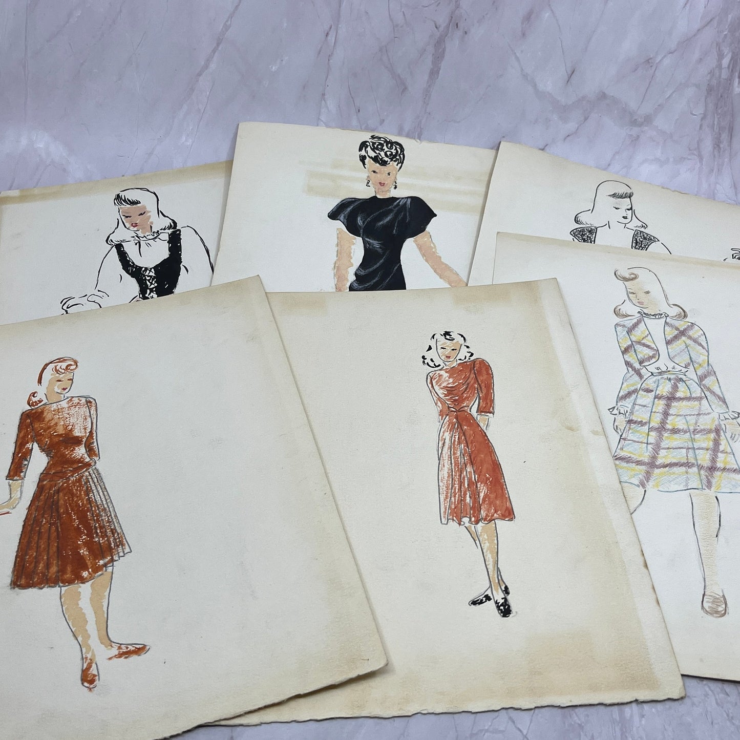 1940s Lot of 6 - 8.5x12 Fashion Sketches & Studies Winifred Schutsky TC5
